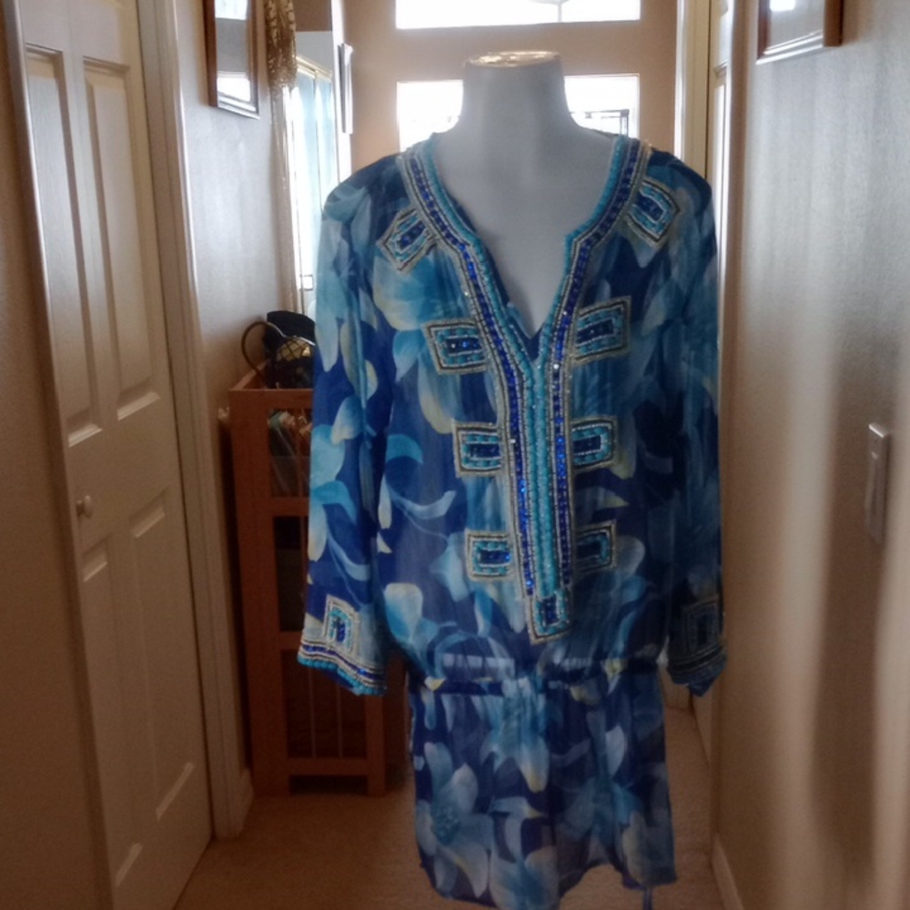 Barbara Gerwit Chic Blue Patterned Tunic With Bea… - image 1